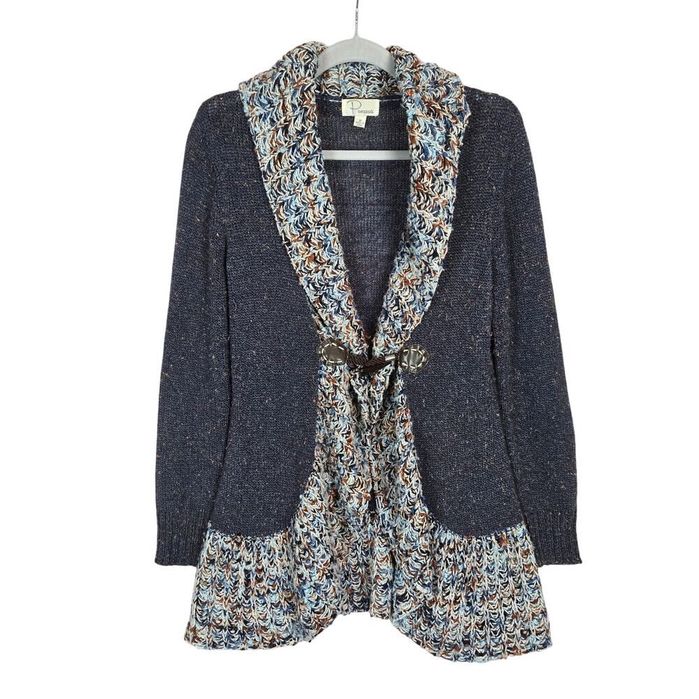 Anthropologie Ponsesa Cardigan Sweater M Blue Boucle Knit Penny Lane Type Trim